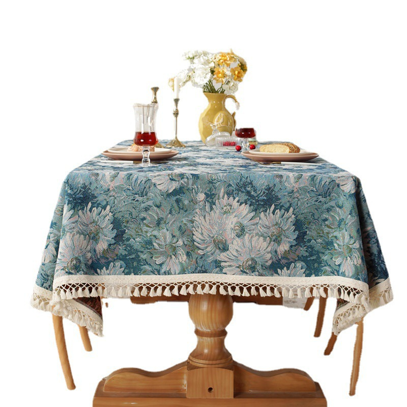 0822-1 American Retro Jacquard Blue Chrysanthemum Table Cloth Cafe Decoration Fabric Coffee Table Cover Towel
