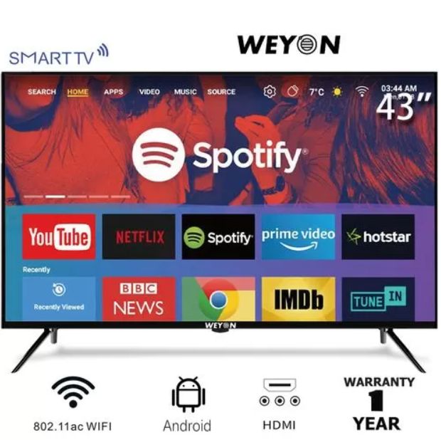 WEYON 43 Inches Smart TV - Satelite Digital - High Definition LED Television with Built-in Wi-Fi, HDMI, USB, Bluetoofand Streaming Apps - Ultra Slim Bezel Design - Excellent Sound Quality