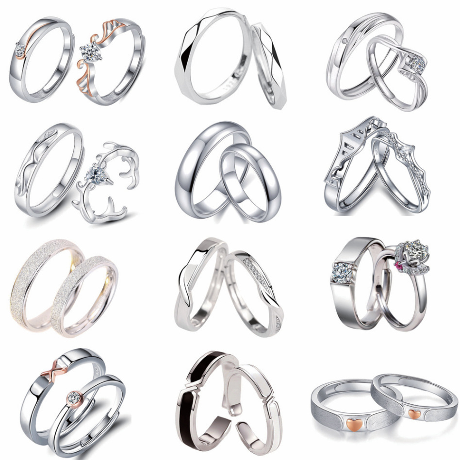 TL-095 925 Sterling Silver Couple Rings, Opening Adjustable Eternity Promise Engagement Wedding Statement Rings Simple Jewelry Gifts for Women Girls Men BFF