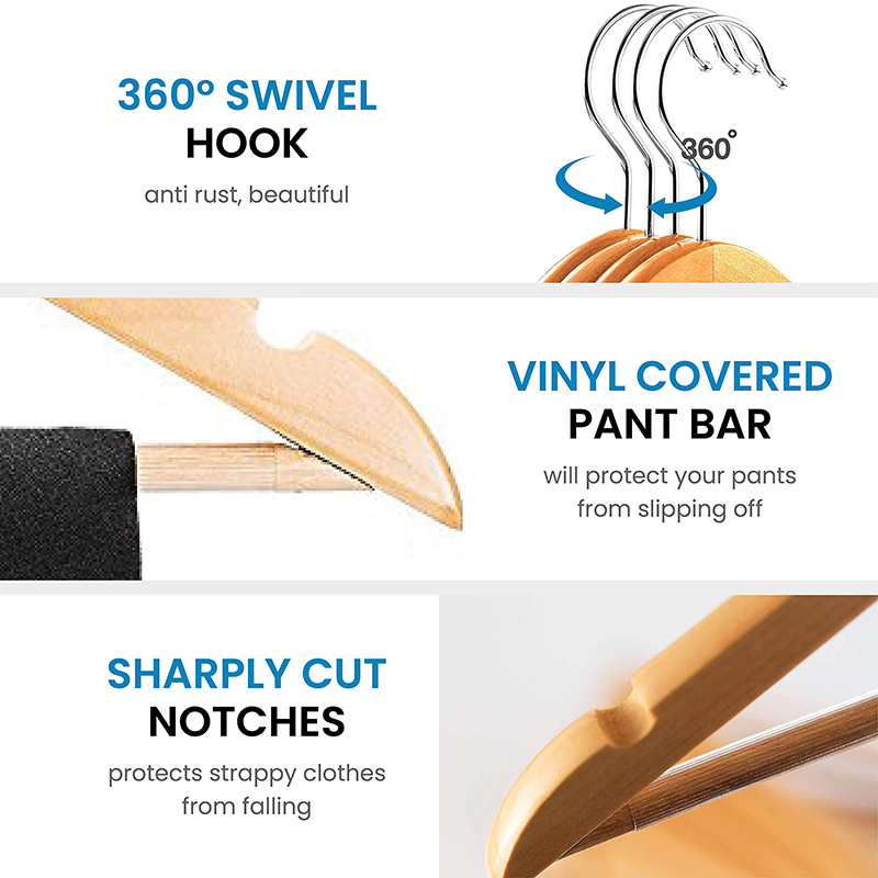High-Grade Wooden Suit Hangers - Smooth Finish Solid Wood Coat Hanger with Non Slip Pants Bar, 360 Swivel Hook and Precisely Cut Notches for Camisole, Jacket, Pant, Dress Clothes Hanger