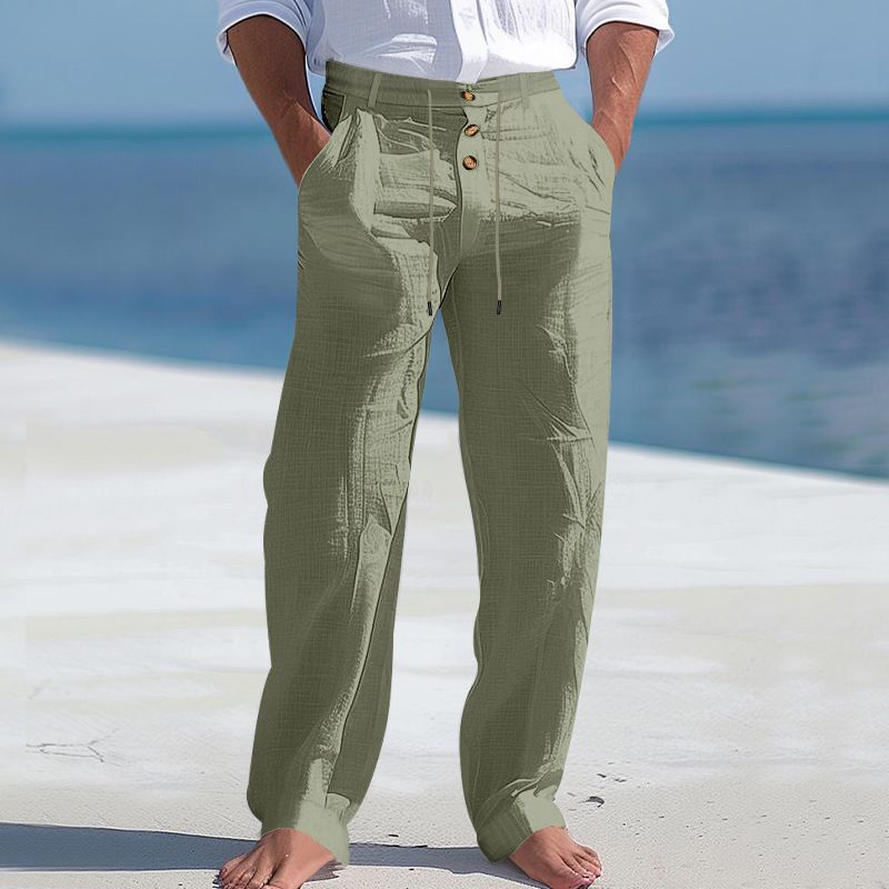 Men's Bottoms Pants Casual American Men's Cotton Linen Pants Button Decoration Drawstring Summer Beach Pants Straight Tube Solid Color Breathable Pants