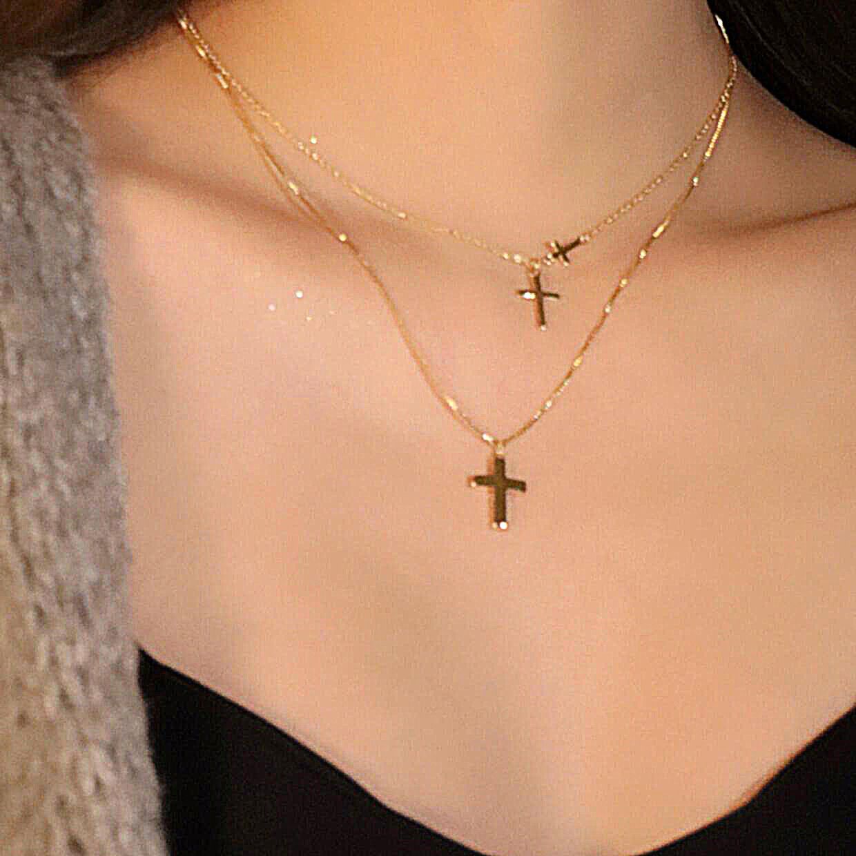 5809201 02 Women's New Cross Multi-Layer Necklace Solid Color Alloy Clavicle Chain