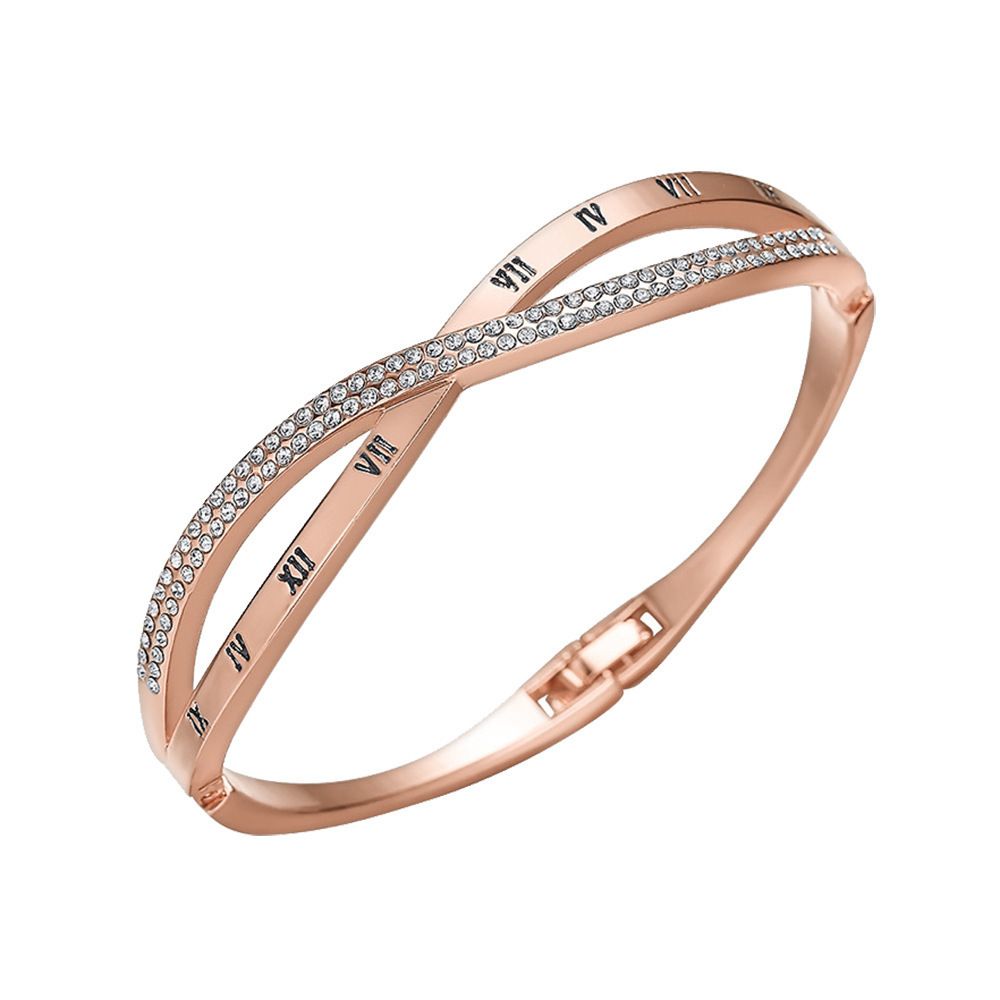 Luxury 18K Rose Gold Women Bangle, Classic Roman Numeral Engraved Bracelet, Sparkling Cubic Zirconia Inlaid Fadeless Wrist Jewelry, Elegant All-match Daily Party Gift Accessories