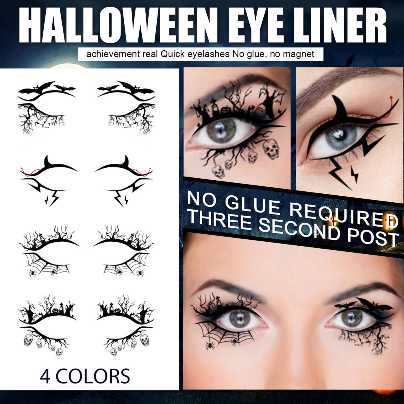 4Pcs Halloween Eyeliner Sticker Eye Temporary Tattoos Bat Spider Web Pattern Eye Makeup Self-Adhesive Face Tattoos for Party, Rave Festival