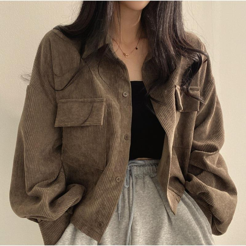 Women's Spring and Autumn New Vintage Loose Corduroy Coat Versatile Long Sleeve Coat