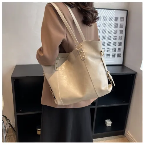 Single Shoulder Solid Color Tote Bag, New Arrival Large Capacity Vintage Women's  Handbag For Commuting