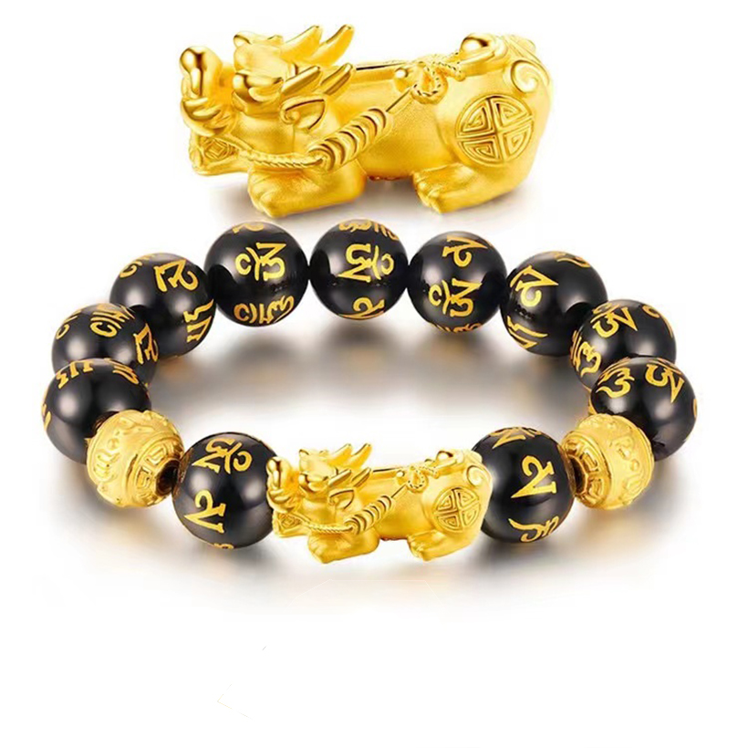 Feng Shui Bracelet 12mm Black Hand Carved Mantra Bead Bracelet with Golden Pi Xiu/Pi Yao Lucky Wealthy Amulet Brecelet 
