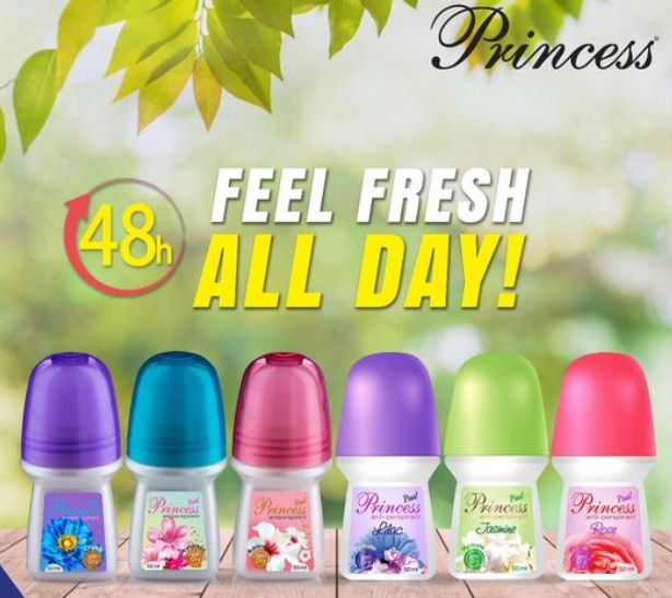 Princess Roll-On helps eliminate odor, with an anti-stain formula—a nonsticky roll-on. 72 HR Active anti-perspirant protection.