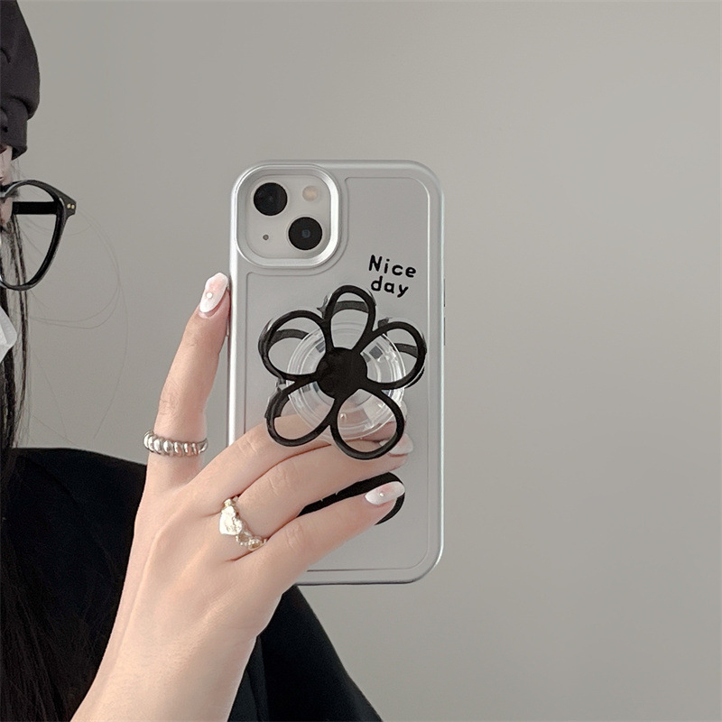 Simple Silver Bottom Black Flower Holder Phone Cover for iPhone14Pro Max Mobile Phone Case for Apple 11 12 13 Soft Shell
