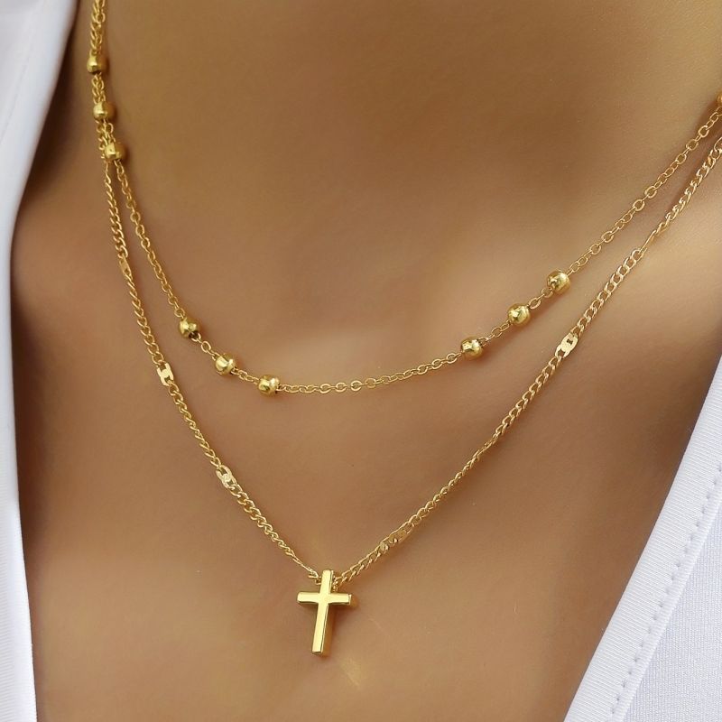Cross double layered necklace, bead chain, collarbone chain ，Double layered stacking，cross necklace
