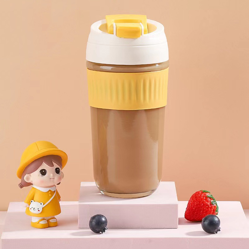 j77354 glass coffee mug with straw portable glass coffee cup with silicone sleeve

