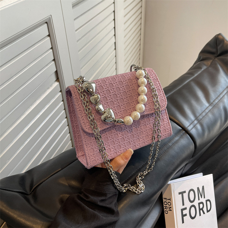 2023 New Personality Fashion Pearl Chain Bag One Shoulder Messenger Bag Casual Small Square Bag Trendy Women's BagPurple