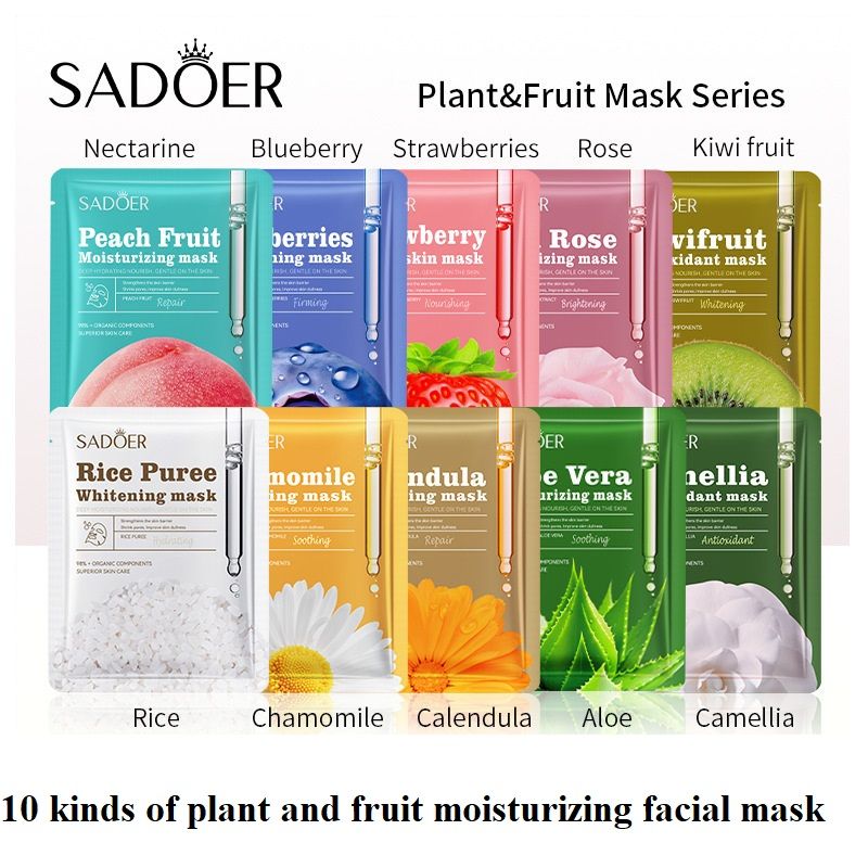 SADOER Plant & Fruit Single Facial Mask, 5 Pcs Moisturizing & Nourishing Sheet Mask, Available in 10 Variants: Peach, Aloe, Rose, Blueberry, Strawberry, Kiwi, Rice, Chamomile, Calendula & Camellia, for Daily Skincare