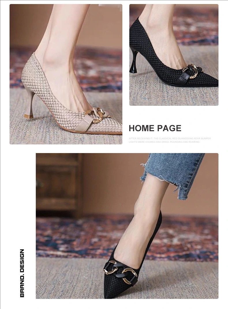 New Women's Single Shoes,High Heels,with Metal Chain, Niche and Versatile, Shallow Mouth, Stiletto Heel, Pointed Toe. Pointed Toe and Versatile Single Shoes for All Seasons with Stiletto Heel and Breathable Soft Leather for Professionals.Size 37-41.