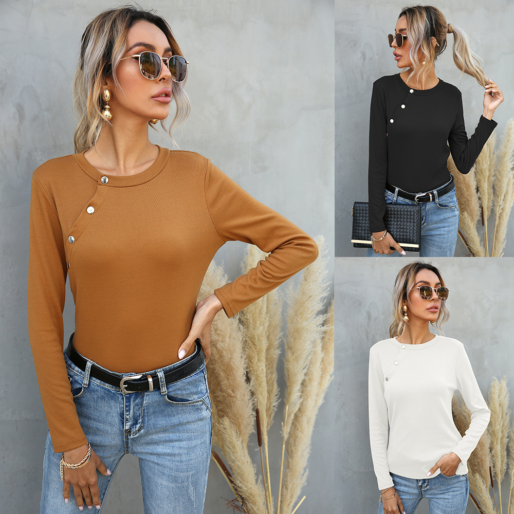 101610 Women's Fashion Slim Round Collar Solid Color Button Long Sleeve T-shirt Top