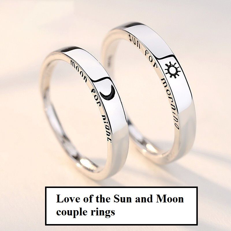 Adjustable Sun and Moon Couple Rings, K32 White Gold Plated Matching Promise Rings, Open Adjustable Band Engraved with "Sun for Morning, Moon for Night", His and Hers Wedding Engagement Jewelry Gift