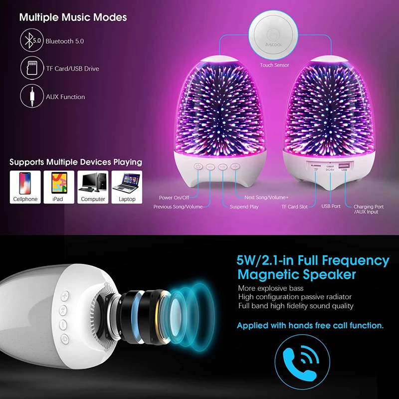 LAGPOUSI Night Light Bluetooth Speaker, 3D Glass Touch Control Bedside Table Lamp 7-Color LED Portable Wireless Speakers, Kids Night Light with Bluetooth Speaker, 3 Brightness Levels, Color Changing RGB, Adjustable Bedside Lamps with Touch Control for BedroomRechargeable Table Lamp, Best Gift for Adult, Teens, Kids, Boys and Girls