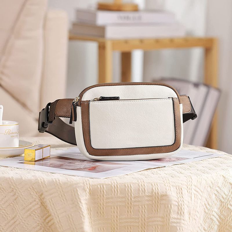 Waterproof PU Leather Storage Waist Bag Vintage Color Block Crossbody Bag for Women Multifunctional Lightweight Outdoor Hiking Sports Sling Chest Bag Daily Travel Handbag