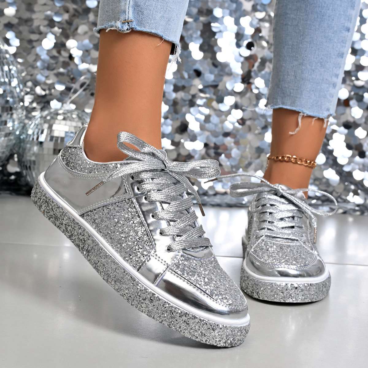 2025 Autumn New Style Sequined Lace-Up Platform Low-Top Shoes Women's Plus Size Fashion Casual Sneakers