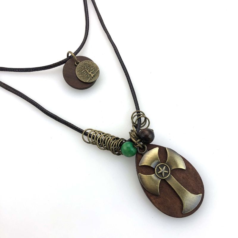 Multi layer necklace Cotton and linen wooden pendant long necklace, cross axe jewelry free shipping 