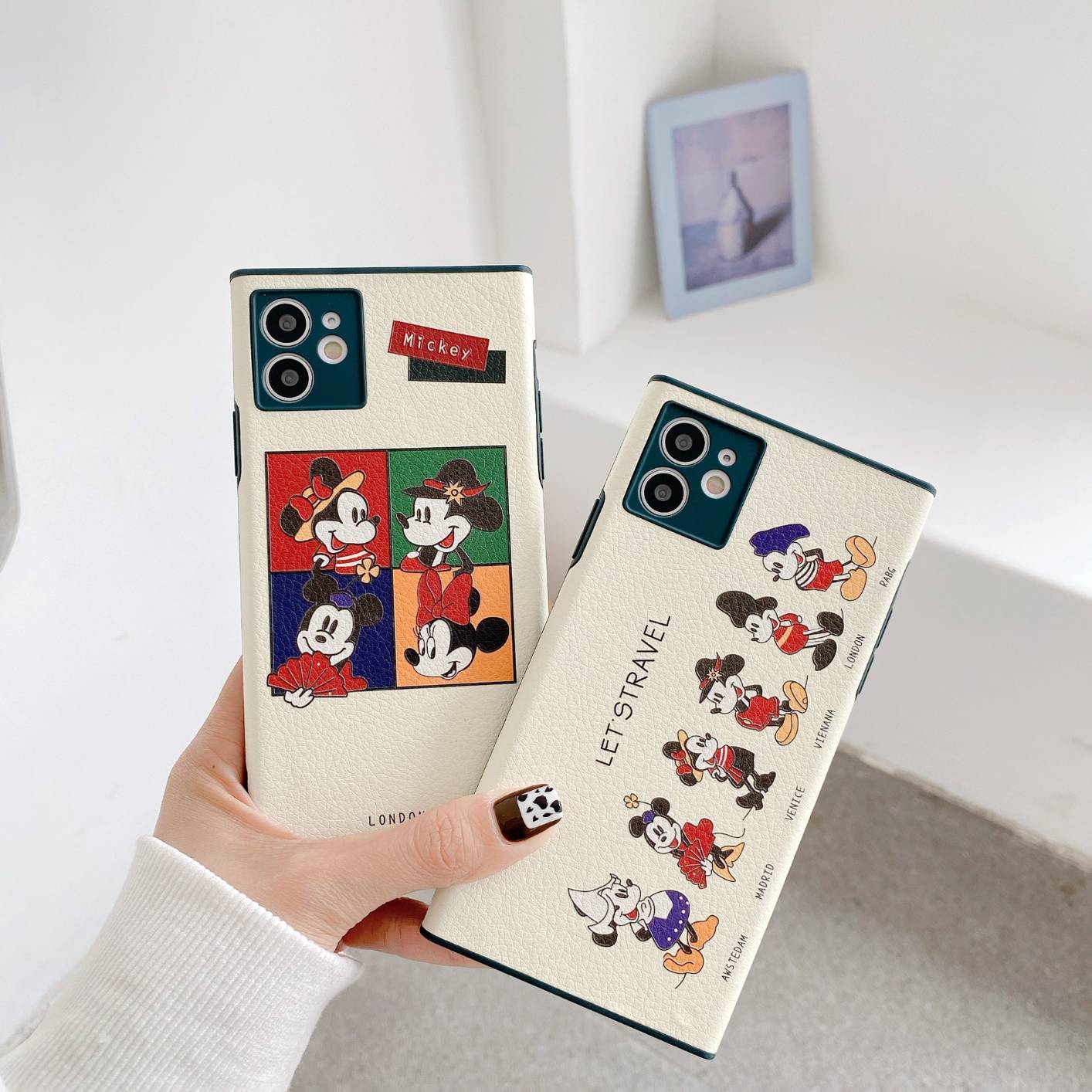 Cartoon Mouse PU Leather Square Phone Case for iPhone 12 Cute Creative Anime Style Cover for iPhone 11/7/8/X/XR/XS/MAX
