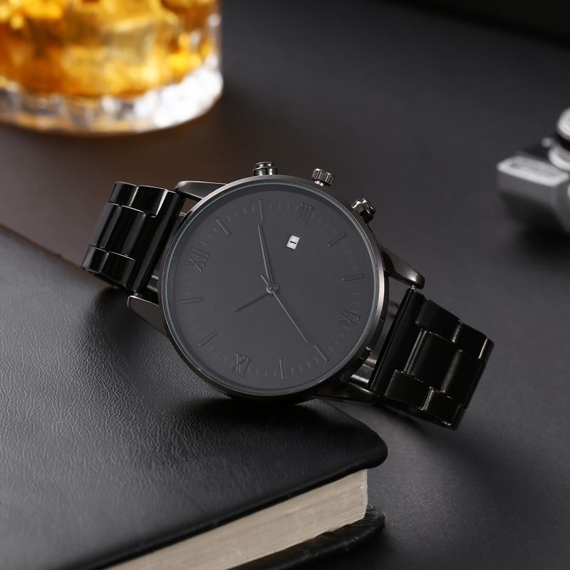 New men's fashionable and versatile casual watch with calendar, iron strap, quartz watch, business watch