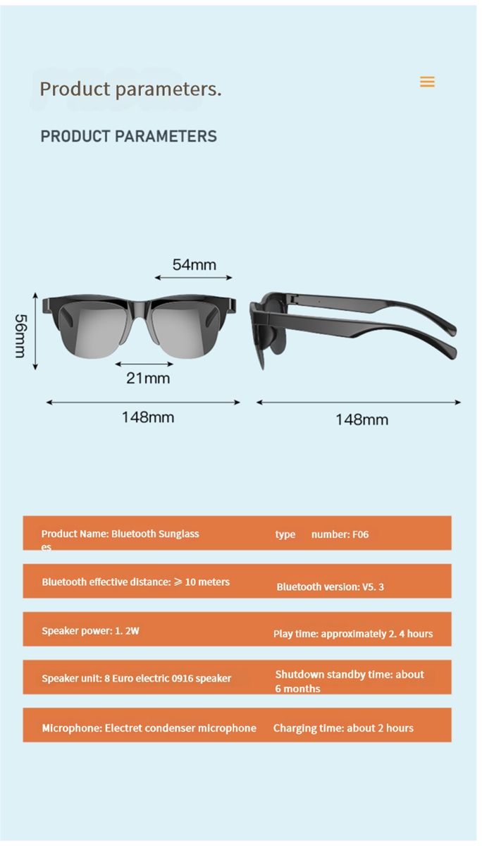 Intelligent Bluetooth glasses F06 with nylon frames, UV protection, water resistance, long battery life, and low power consumption