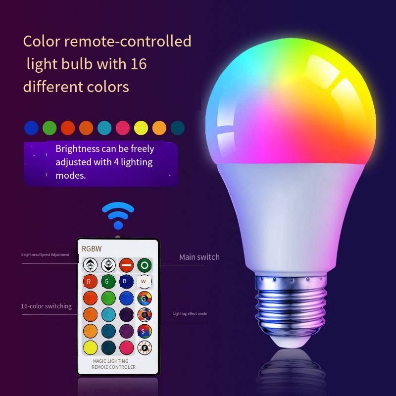 New RGB LED Globe Bulb with E27 standard screw base, energy‑saving LED light source with low power consumption. Comes with wireless remote controller to switch rich RGB colors