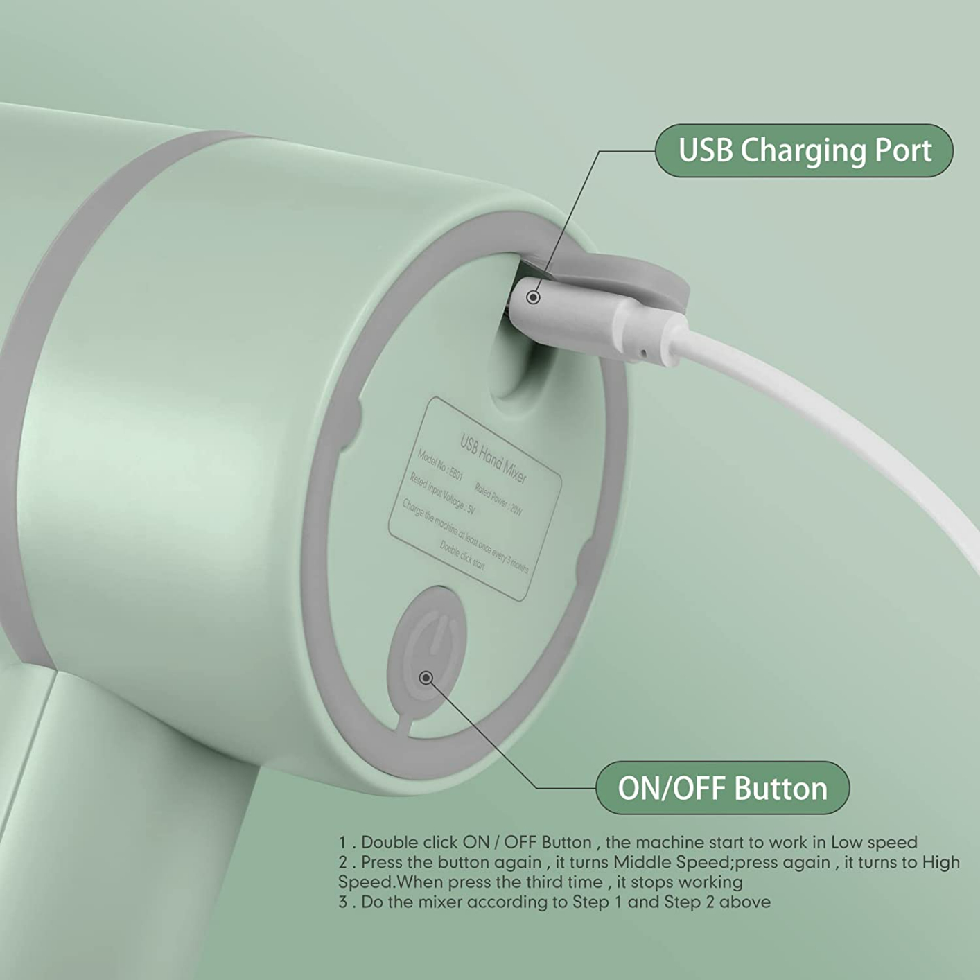 OWL Cordless Hand Mixer Electric with the Function of Chopper, 3-in-1 Speed Change Hand Mixer for Kitchen Baking and Baby Food Etc, with 304 Stainless Steel Egg Beater, BPA-free Food Chopper