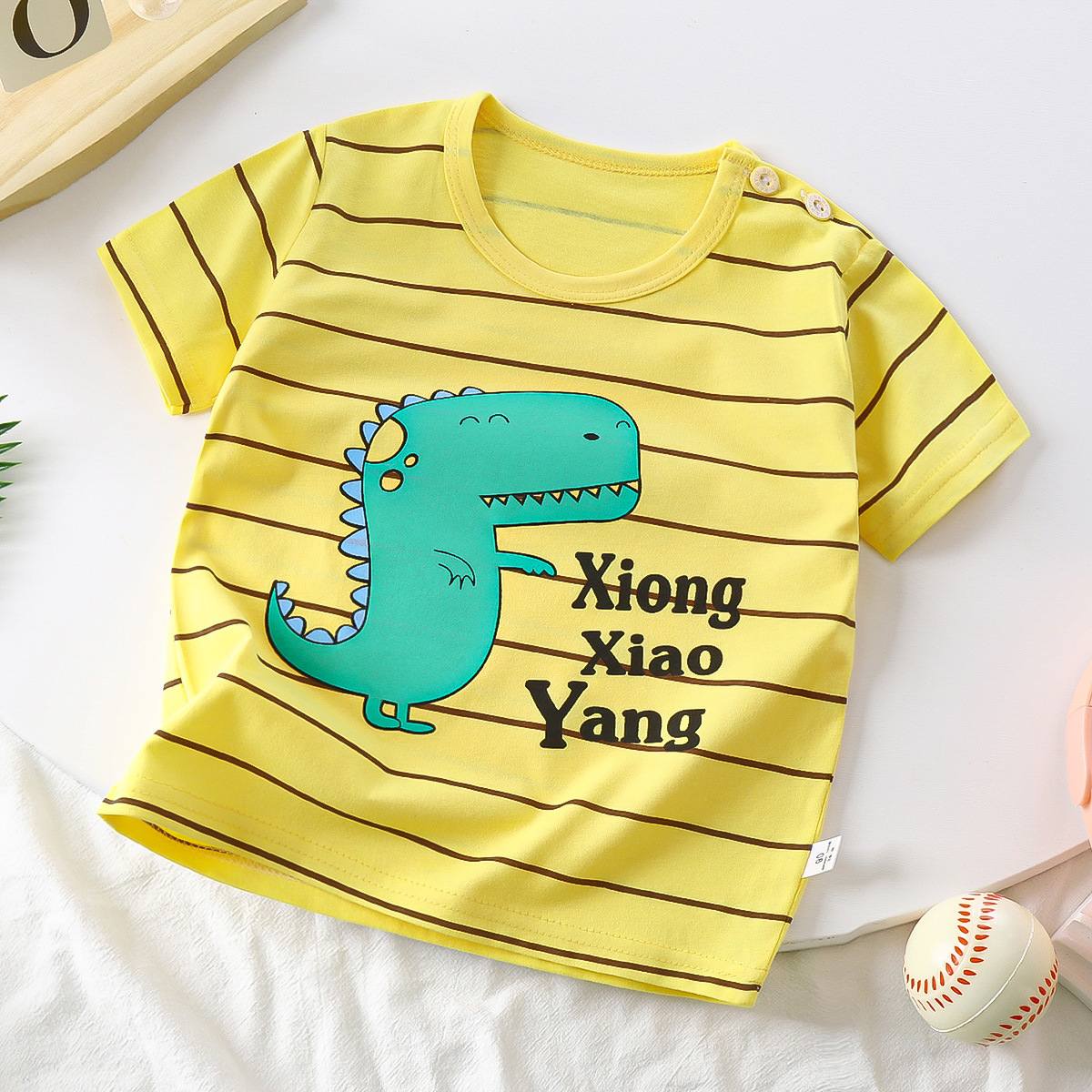 Baby Summer T-Shirt, Cute Cartoon Dinosaur Print Short Sleeve Tee, Breathable Cotton Casual Tops for Toddler Kids, Sizes 73-130cm, Single Pack, Soft Daily Shirts for Boys 