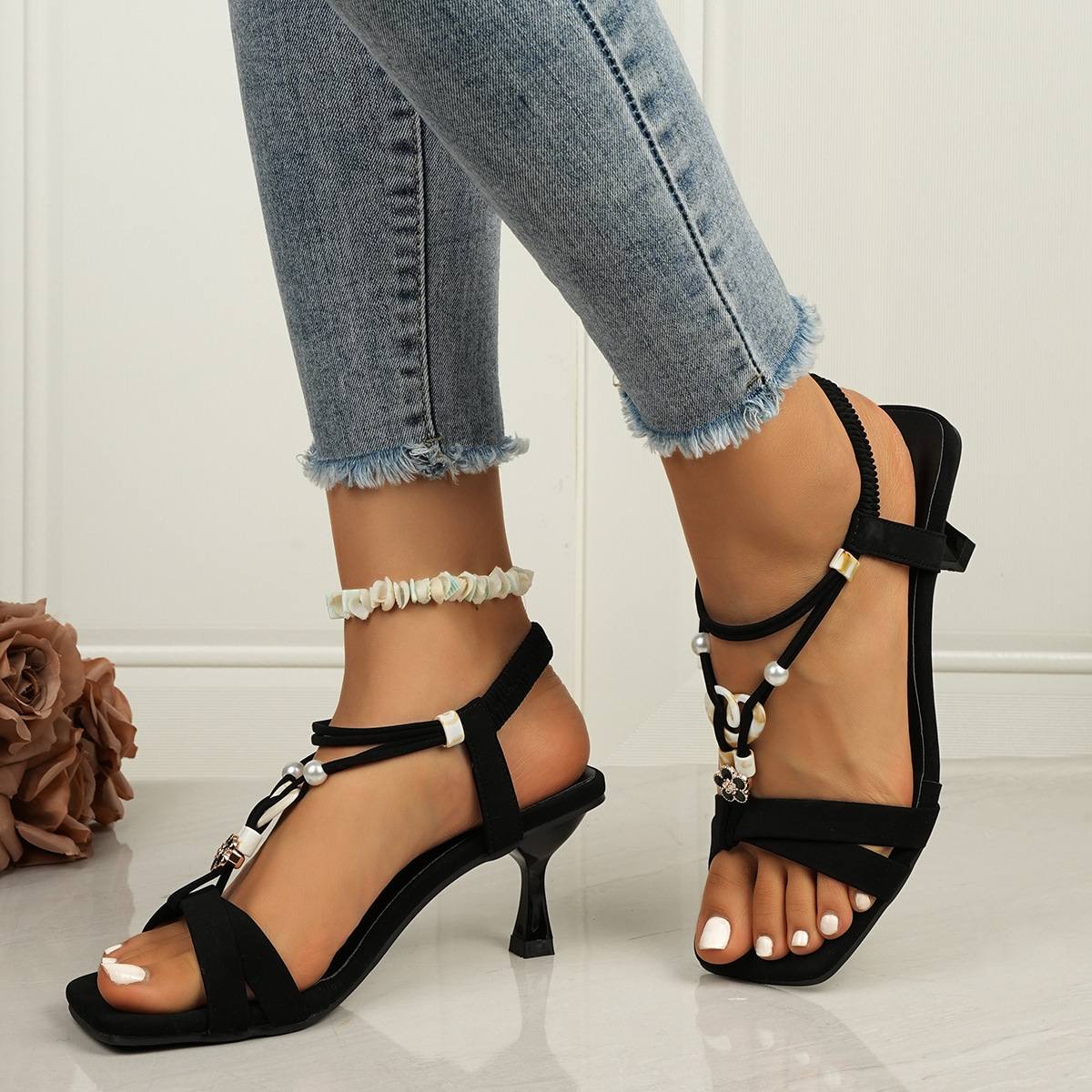 2025 new summer boho casual sandals women's square head open toe elastic beaded Roman sandals