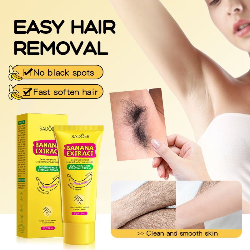  Banana Extract Hair Removal Cream 60g Gentle Soothing Depilatory Cream for Full Body Leg Underarm Bikini Long-lasting Hair Suppression Painless Silky Smooth Skin Summer Essential
