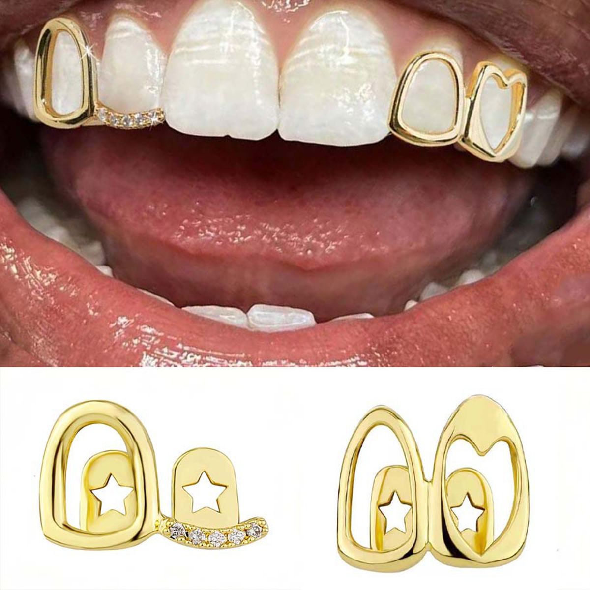 Hollow Heart Stick Diamond Two-Tone Braces - Daily Streetwear Cool Shiny Gold Teeth Hip Hop Versatile gold teeth silver teeth
