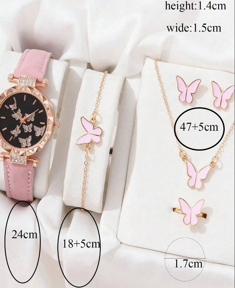 6pcs Luxury Watch Women Ring Necklace Earrings Bracelet Set Watches Butterfly Leather Strap Ladies Quartz WristWatch No Box