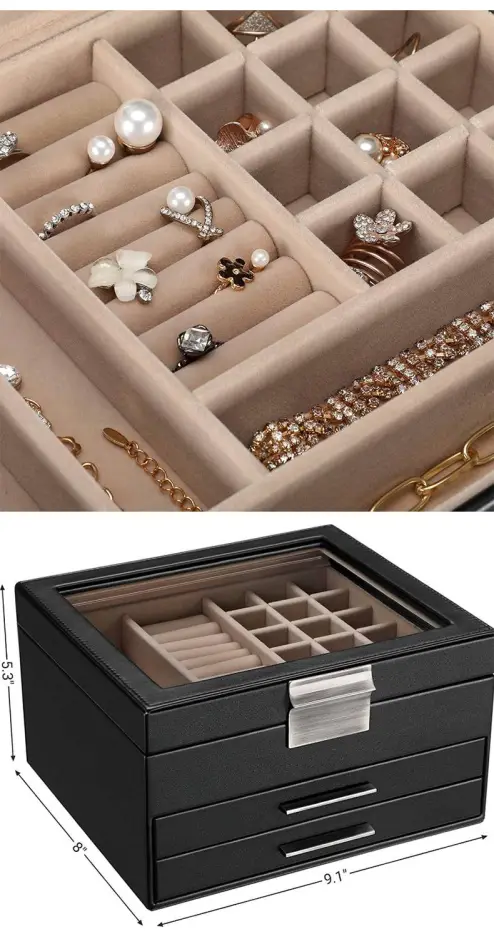 Jewelry Box with Glass Lid, 3-Layer Jewelry Organizer, 2-Drawers