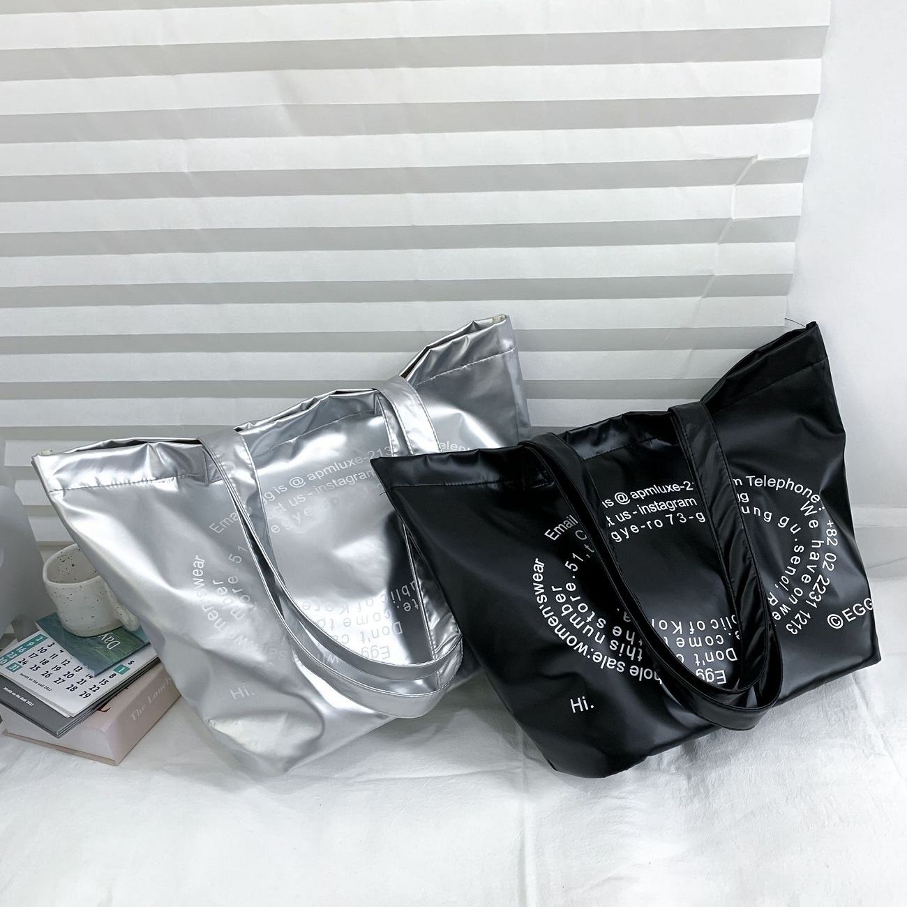 Women Shiny Letter‑Print Tote Bag, Fashion Functional Large Shoulder Bag, Trendy Silver Handbag for Commuting School Daily Shopping
