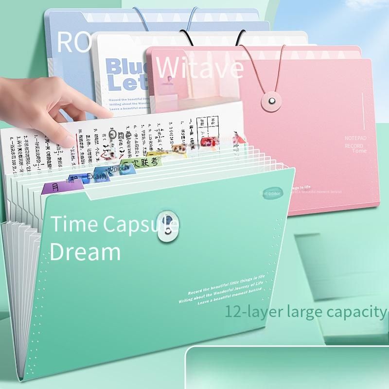A4 buckle accordion folder, student document and test paper organizer, large-capacity 12-layer file folder, Morandi color document bag