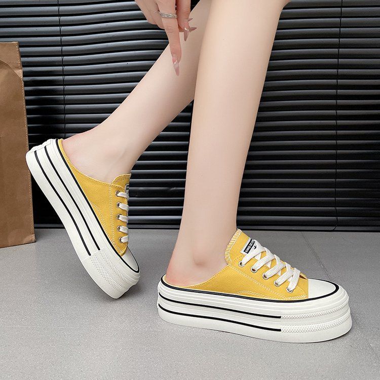 Candy-colored canvas shoes for women 2025 summer new style a single shoe with a full head preppy style thick sole simple half slipper