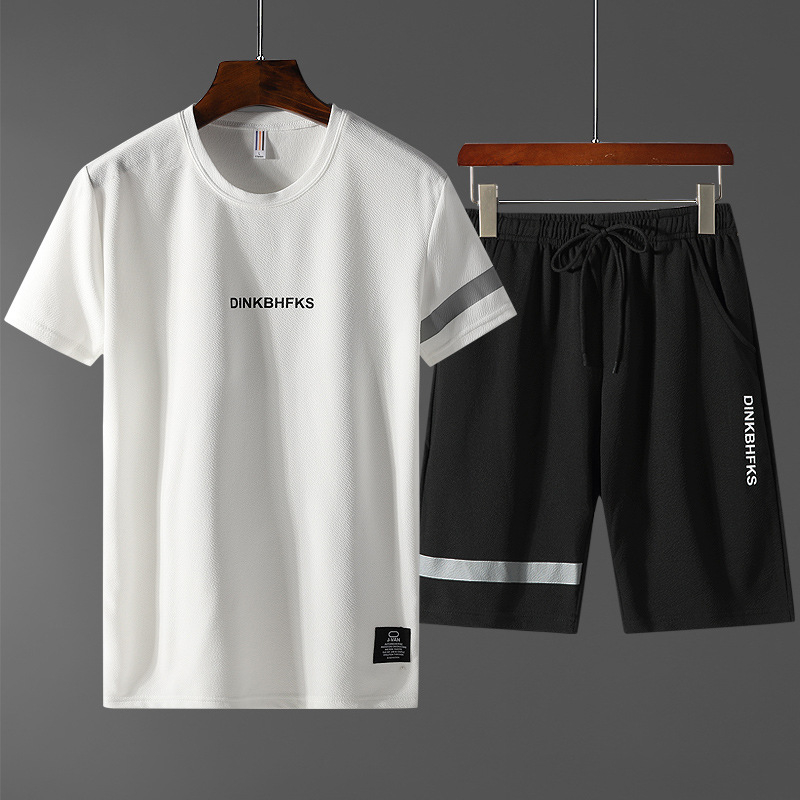 Men's Summer Casual Short Sleeve T-Shirt Set Round Neck Letter Print Top