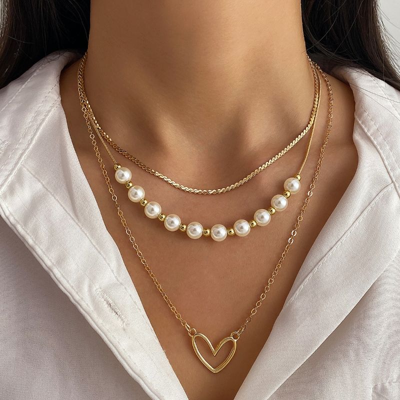 Love peach heart pearl gold necklace 3-piece set, multi-layer layered collarbone chain CRRSHOP free shipping 