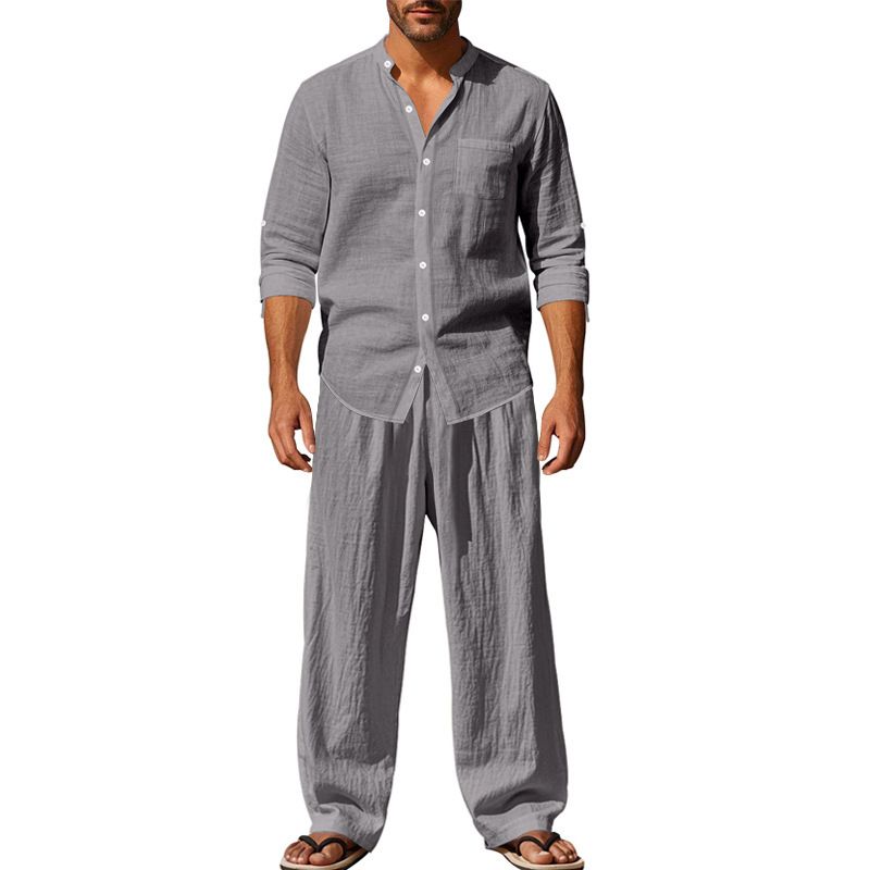 Men's Clothing Sets Two-Piece Outfits Flax Men's Casual Loose Breathable Long Sleeve Long Pants Shirt Beach Set