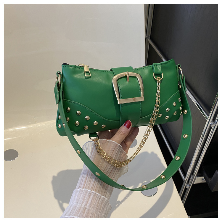 2024 New Rivet Fashion Chain Shoulder Bag Ladies Leisure Work Bag Monochrome Crossbody BagGreen