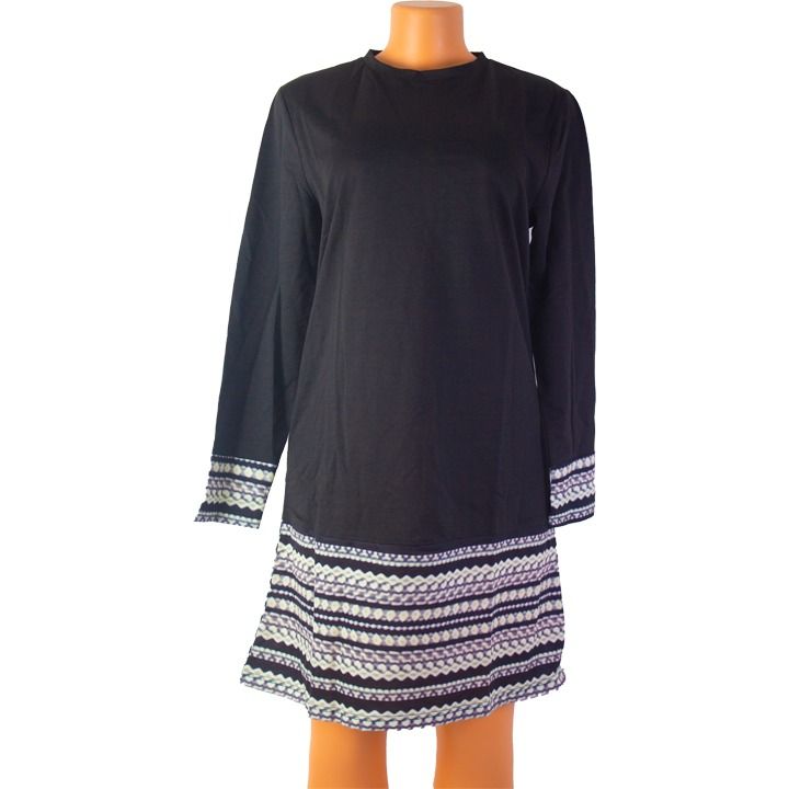 Women's Long Sleeve Crew Neck Printed Two Thread Dress at Cuff and Hem
