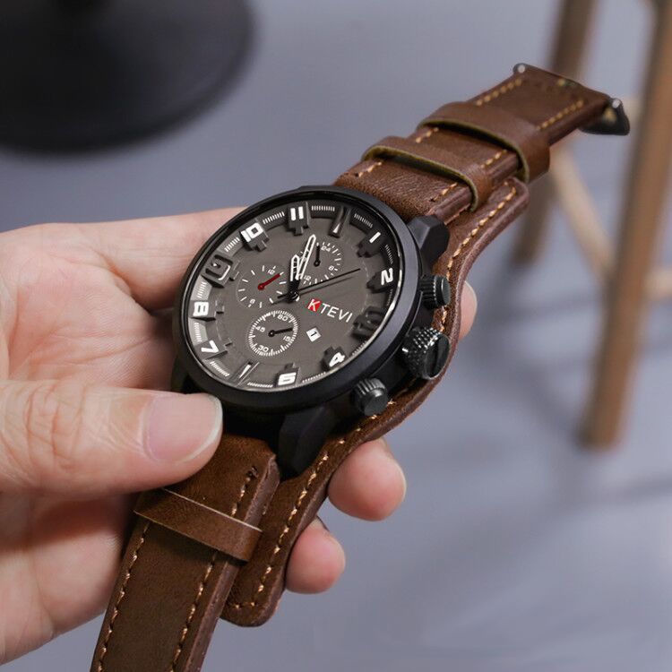 Watches Wristwatch Sport Watch for Men Analog Quartz Chronograph Leather Strap Wrist Watch