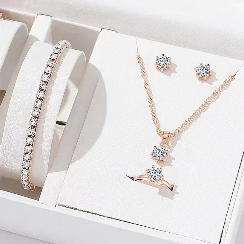 6PCS Set Luxury Watch Women Ring Necklace Earring Rhinestone Fashion Wristwatch Casual Ladies Watches Bracelet Set Clock5Pcs Rose Gold Jewelry Set