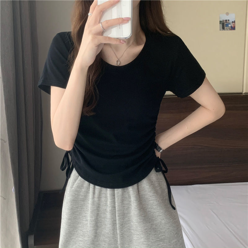 420 Women's Loose Crewneck Drawstring Slim Short Sleeve T-shirt