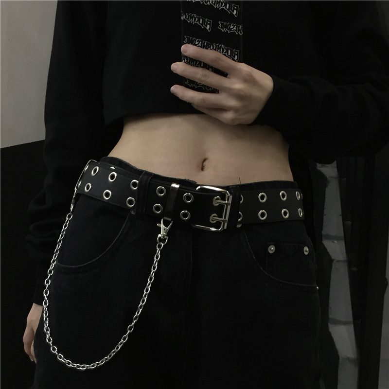 152 Women's Vintage Black Double-Breasted Belt Chain Punk Belt