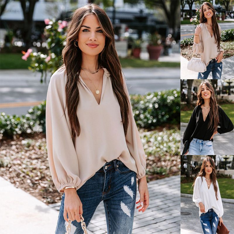 Europe and the United States spring and summer new women's cool long sleeve shirt solid color casual V-neck loose top for women