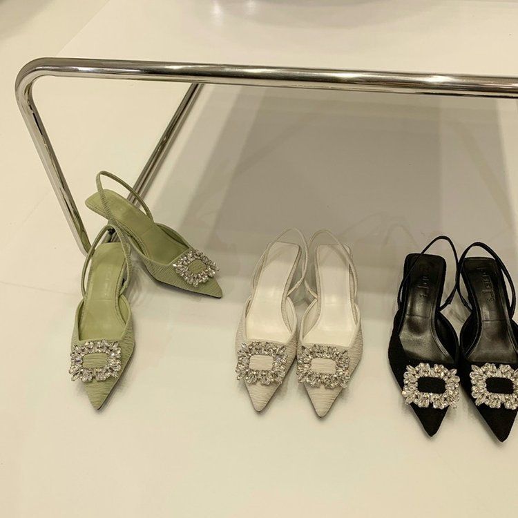French style low heel pointed head square buckle rhinelene sandal female bag head back empty elastic belt thin heel sandal female