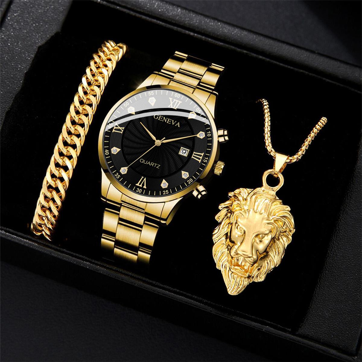 Fashion Men LionMotif Watch Bracelet Jewelry Set, Exquisite Rhinestone Inlay Design, Durable Alloy Steel Band Quartz Wristwatch, Matching Lion Decor Bracelet, Stylish Accessory for Daily Wear